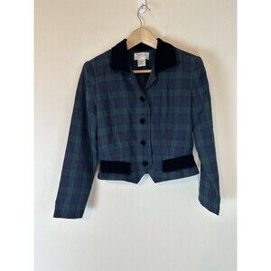 Talbots 8 Petite Plaid Blazer Jacket Velvet Collar Trim Button Cropped Vintage